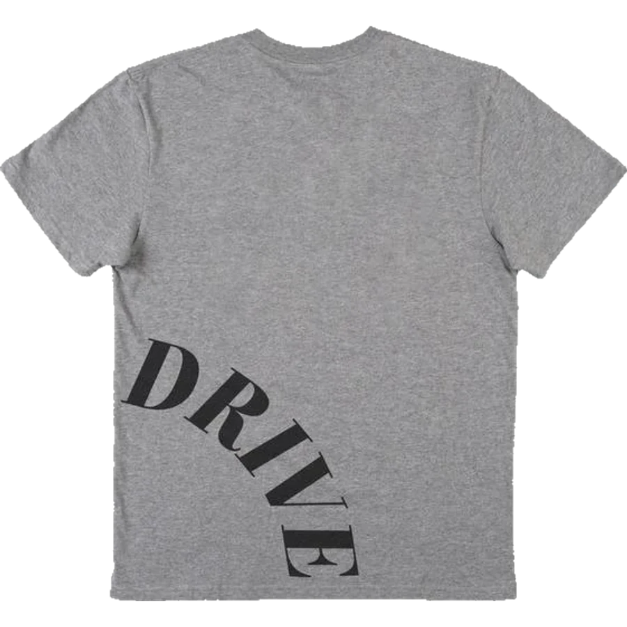 Toy Drive Tee in heather grey, back: DRIVE printed in an arc